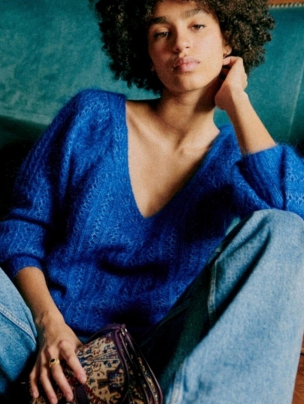 Sezane Rosa Sweater Royal Blue V Neck Mohair-Blend Reversible